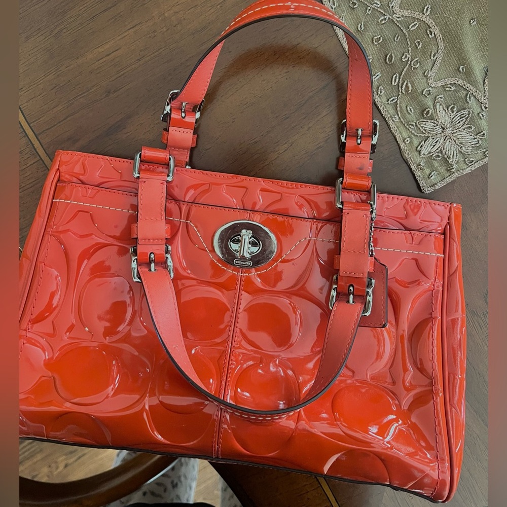 Coach Orange Patent Leather Tote with Signature Embossed Design